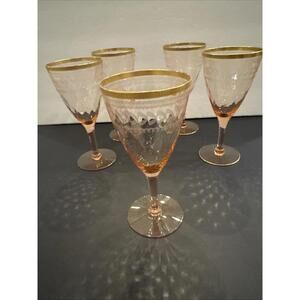(5) Vintage Pink Diamond Pattern With Etched Depression Wine/ Goblet Gold Rim